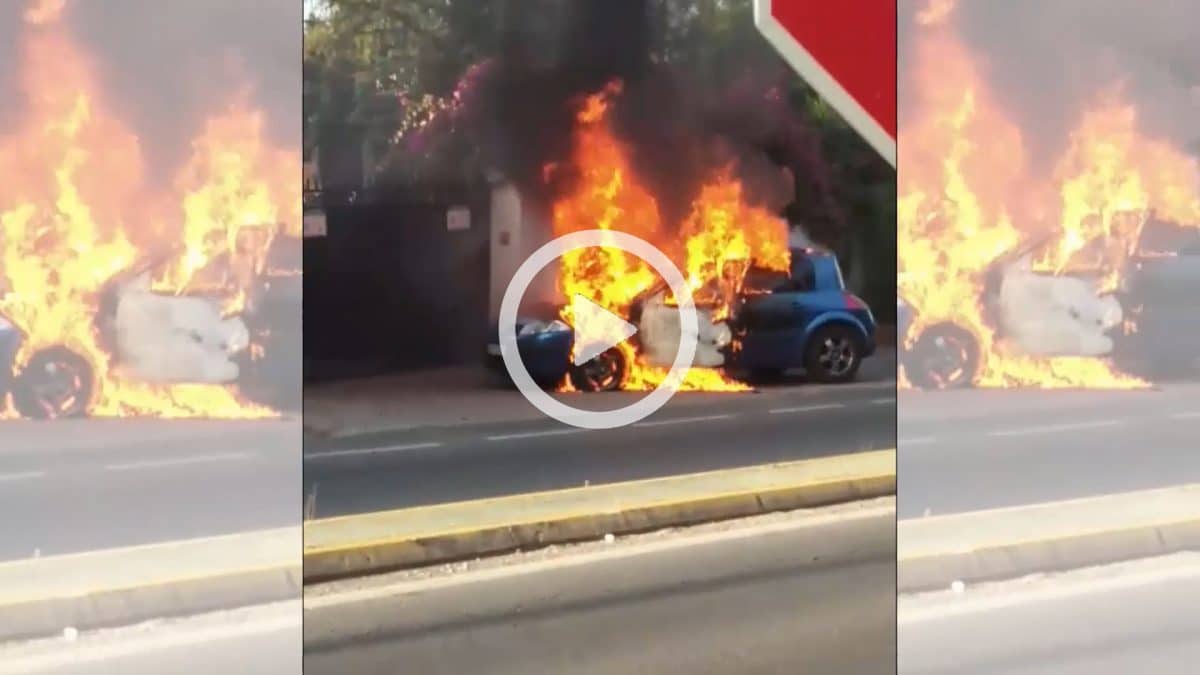Imagen del vídeo grabado por un vecino mientras el coche ardía en el arcén.
