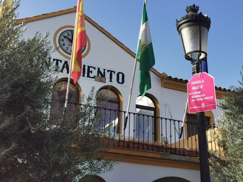 La farola frente a la casa consistorial de Bormujos con su precio marcado en una etiqueta.