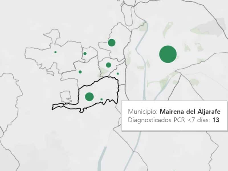 Mapa de los contagios de las últimas semanas en el Aljarafe. Fuente: Consejería de Salud.