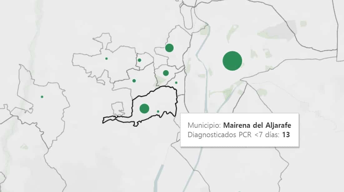 Mapa de los contagios de las últimas semanas en el Aljarafe. Fuente: Consejería de Salud.