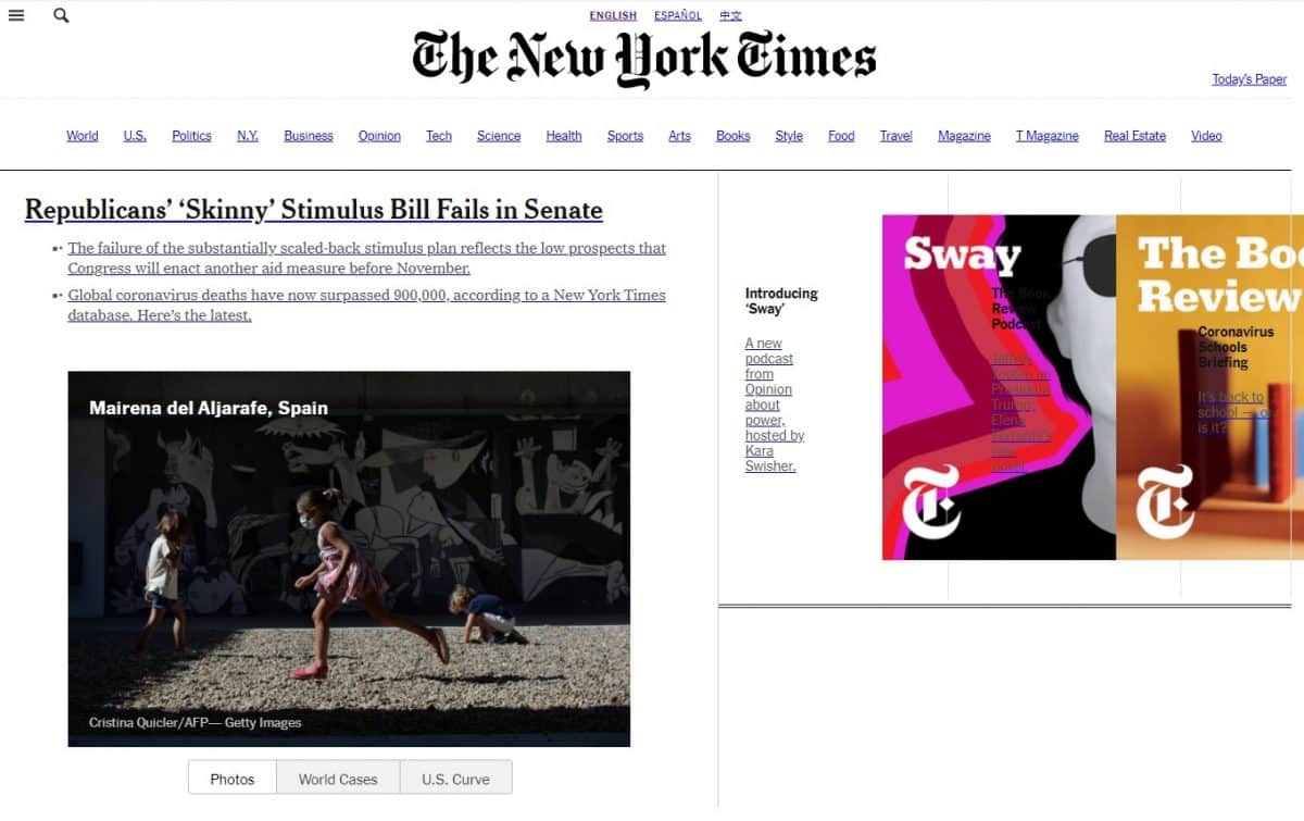 Portada digital del New York Times durante el día de ayer.