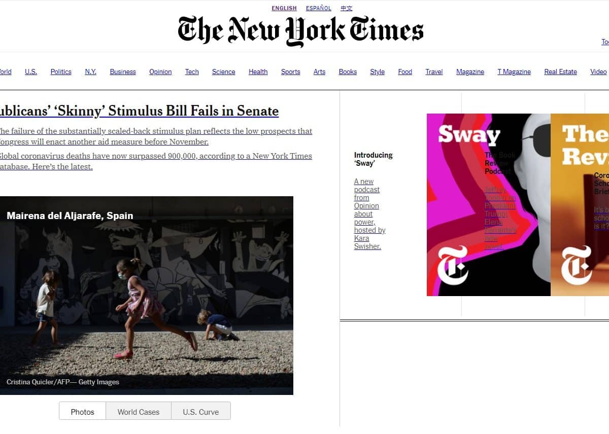 Portada digital del New York Times durante el día de ayer.