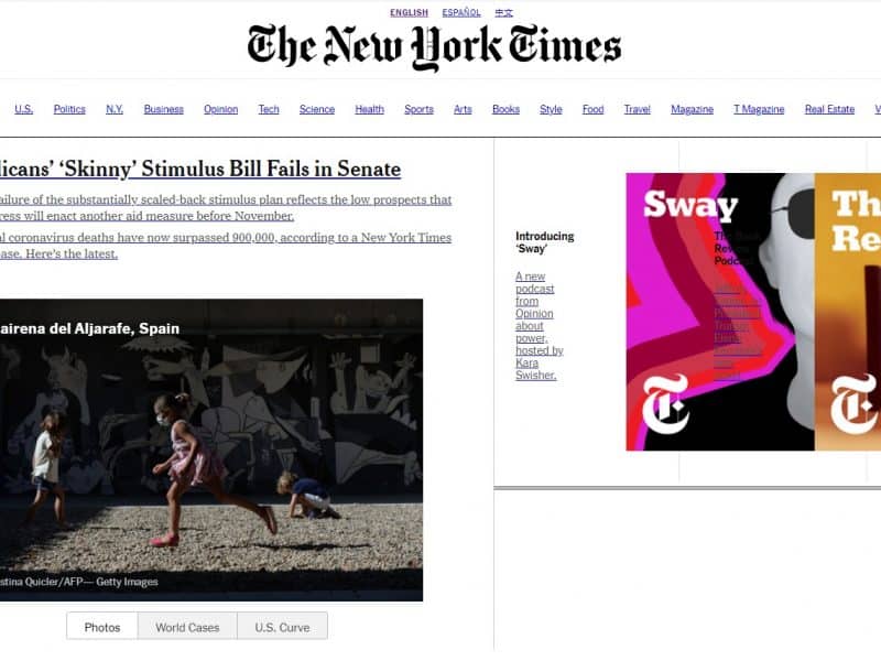 Portada digital del New York Times durante el día de ayer.
