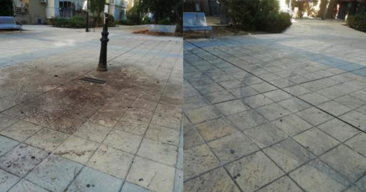 Imagenes de la plazoleta junto a Ciudad Aljarafe cuyo estado ha sido denunciado por los vecinos en redes sociales.