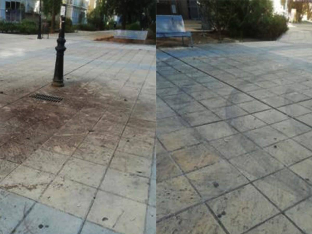 Imagenes de la plazoleta junto a Ciudad Aljarafe cuyo estado ha sido denunciado por los vecinos en redes sociales.