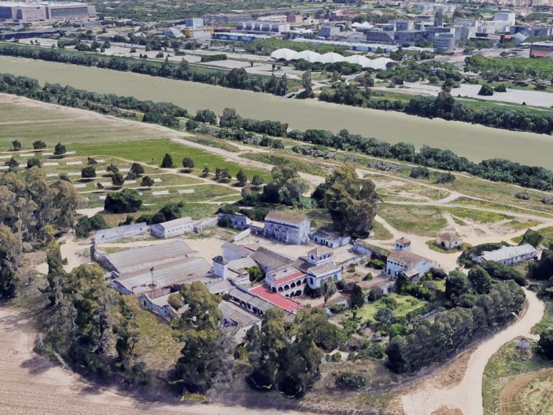 Vista aérea con recreación 3D de la finca de Gambogaz con la Cartuja de fondo.