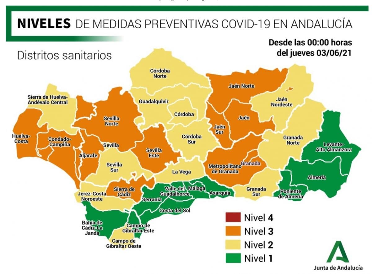 Mapa de niveles en Andalucía, vigente a partir del 3 de junio.