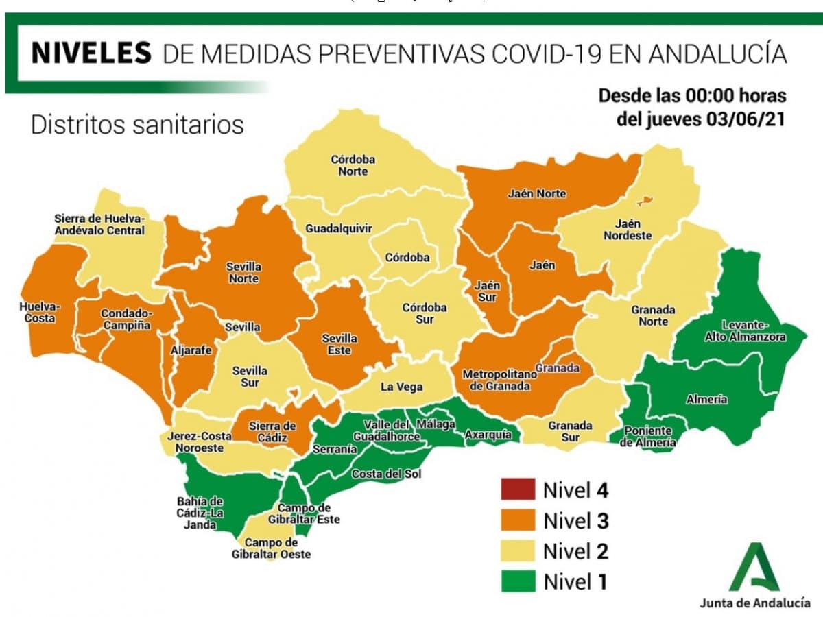 Mapa de niveles en Andalucía, vigente a partir del 3 de junio.
