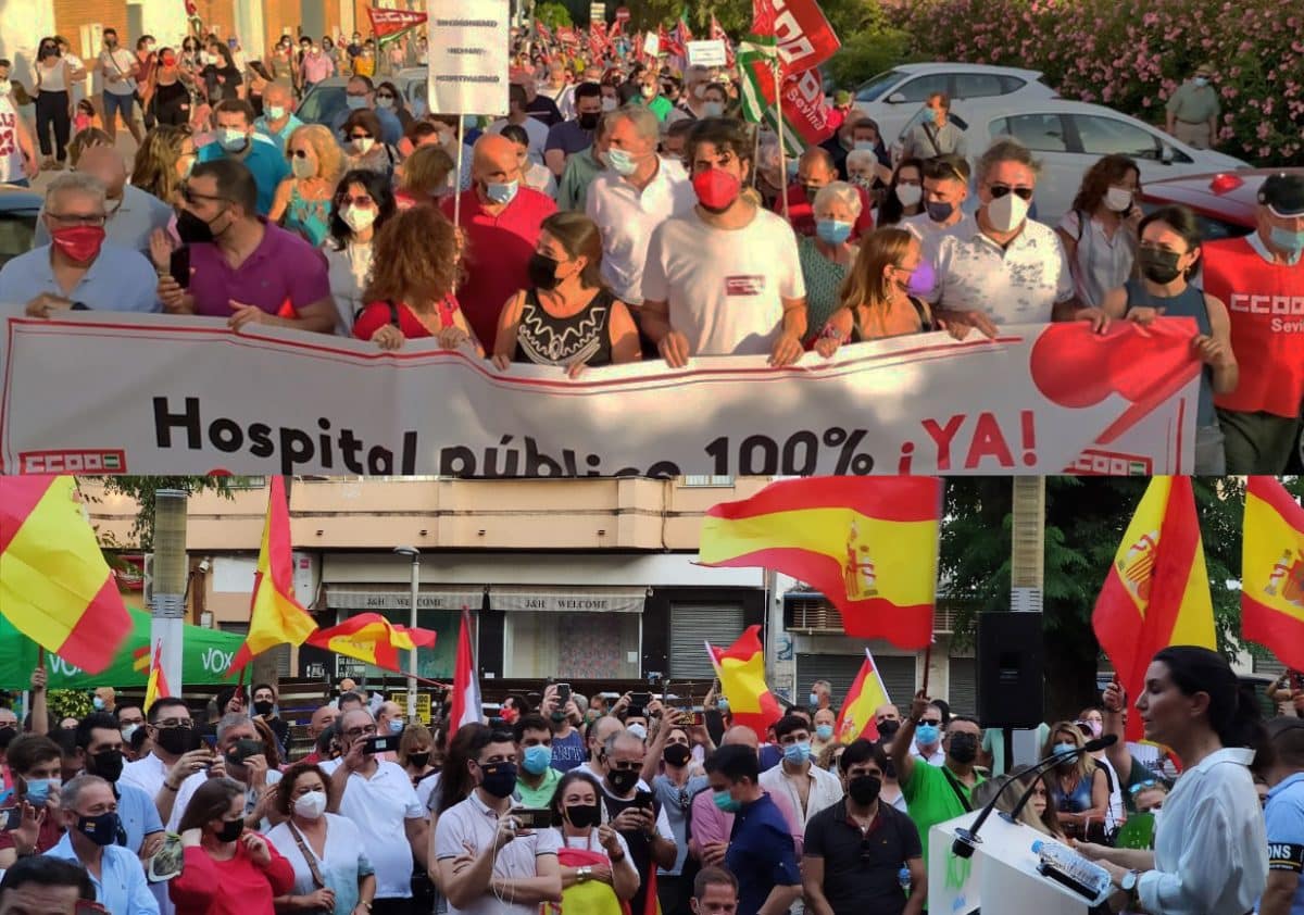 Arriba, manifestación bajo el lema Aljarafe Despierta; abajo, mitin de Rocío Monasterio (VOX) en San Juan. Imágenes de CCOO y VOX.