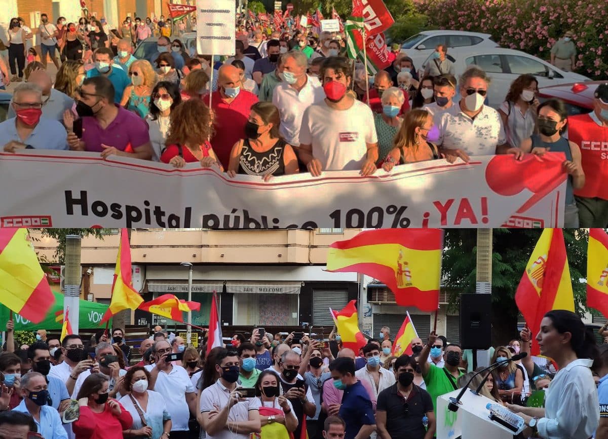 Arriba, manifestación bajo el lema Aljarafe Despierta; abajo, mitin de Rocío Monasterio (VOX) en San Juan. Imágenes de CCOO y VOX.
