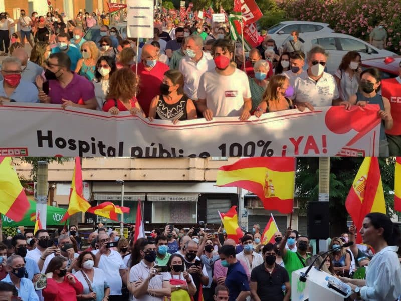 Arriba, manifestación bajo el lema Aljarafe Despierta; abajo, mitin de Rocío Monasterio (VOX) en San Juan. Imágenes de CCOO y VOX.