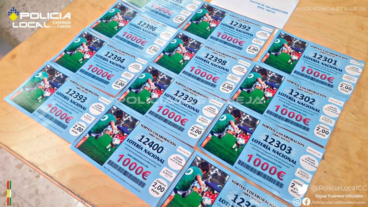 Boletos de lotería falsos utilizados en una estafa. Policía Local de Castilleja de la Cuesta.