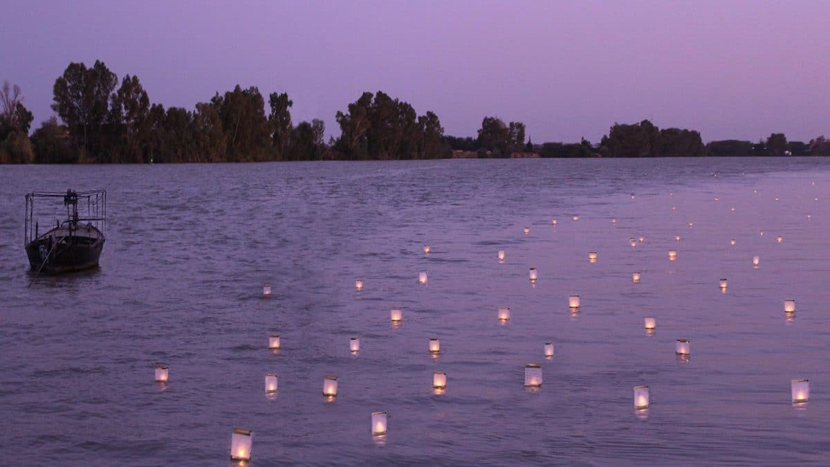 Farolillos flotando en el Guadalquivir en el Toro Nagashi