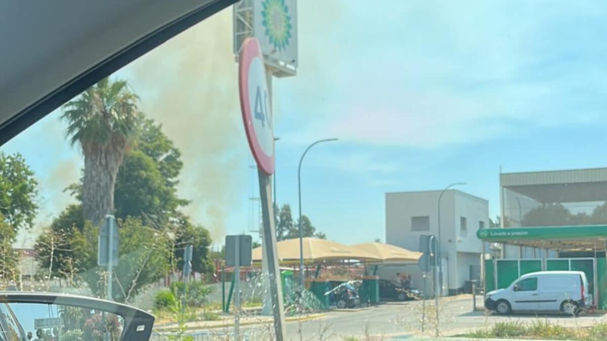 Imagen del incendio en el acuartelamiento de Tablada desde Gelves. Alba Canovaca